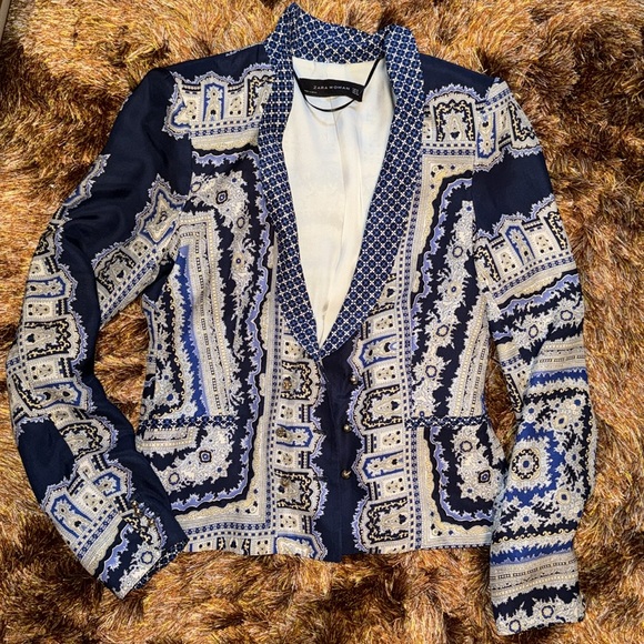 Zara women printed silk double breasted padded shoulder jacket S - Picture 13 of 13